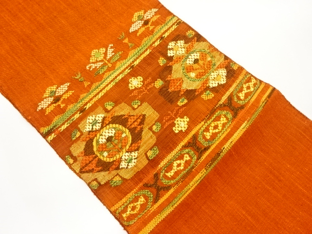 手織り紬変わり織横段に草花模様織出し名古屋帯